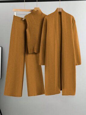 Camel Cozy Women's Rib-Knit Stand Collar Long Sleeve Cardigan Set